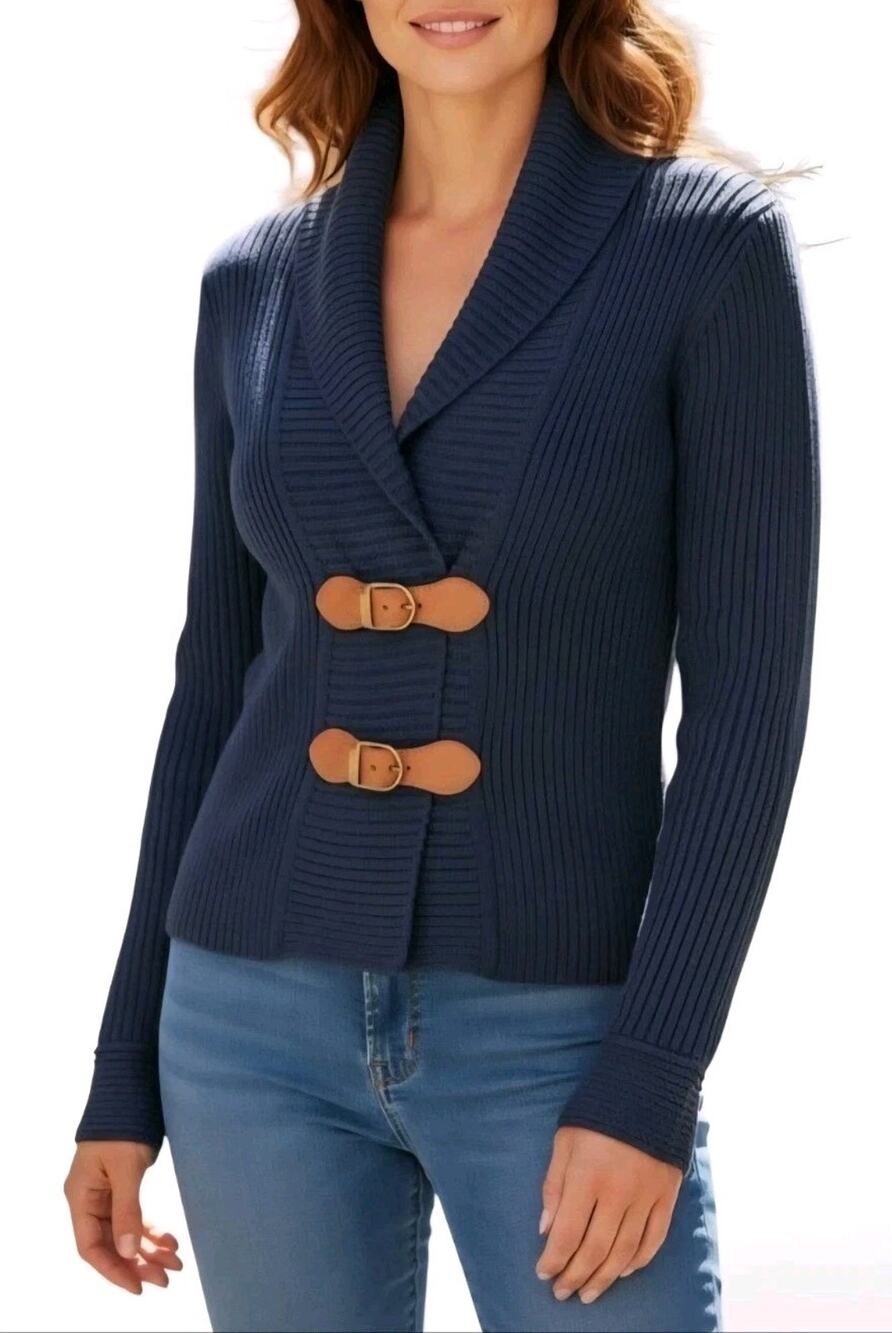 SOFT SURROUNDINGS Women's Blue Belted Cardigan Sweater Size Medium M Wool Blend